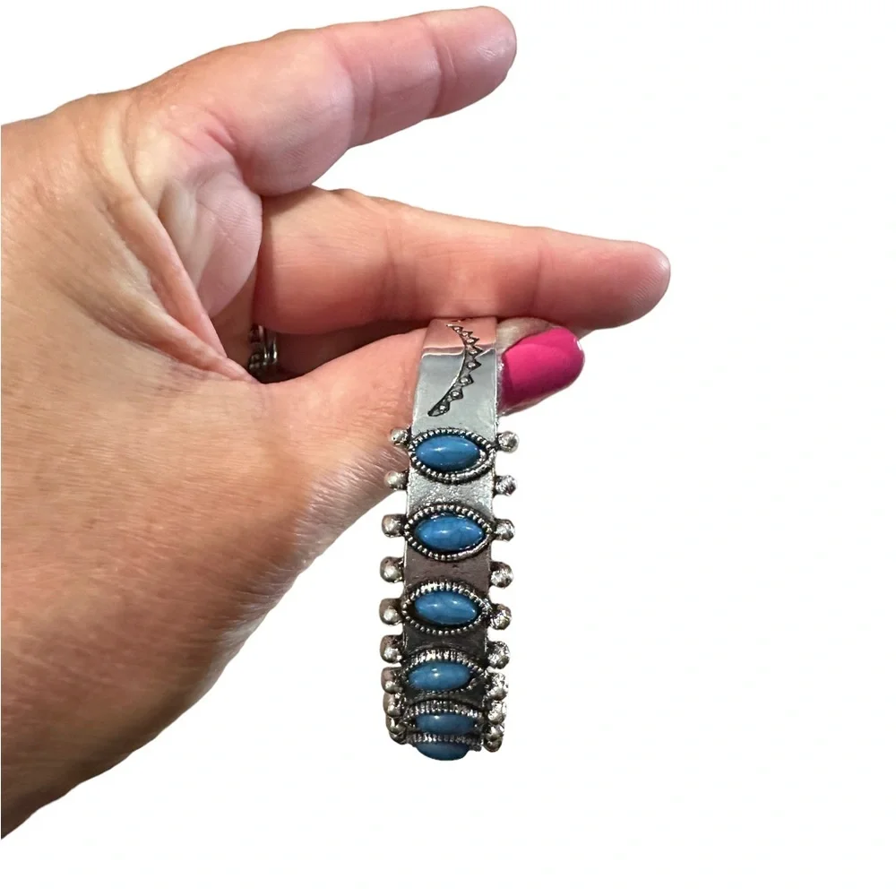 Boho Vintage Silver and Deep Blue Turquoise cuff Bracelet